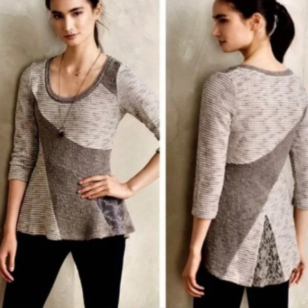 Anthropologie Angel of The North Taupe Mixed Lace Sweater Knit Large Metallic